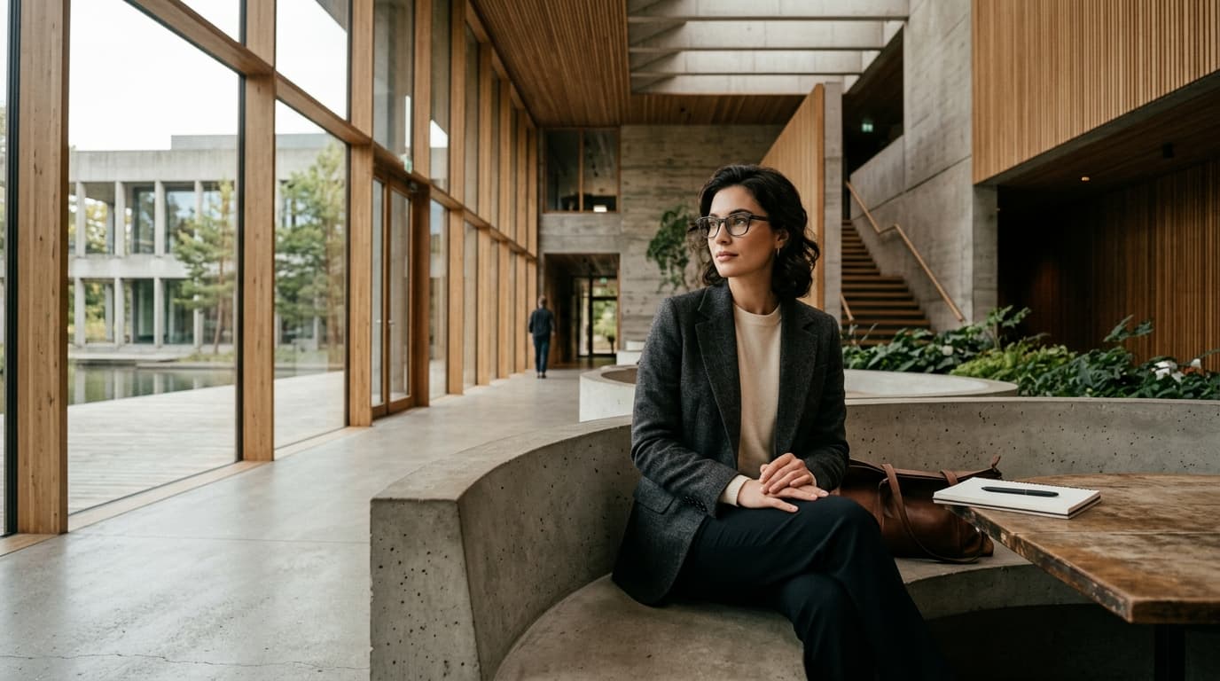 Wide architectural portrait of a person wearing I-Vision eyewear