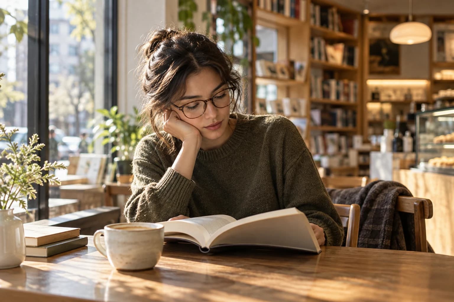 Reader wearing tortoiseshell eyeglasses during a quiet morning in a bookshop cafe