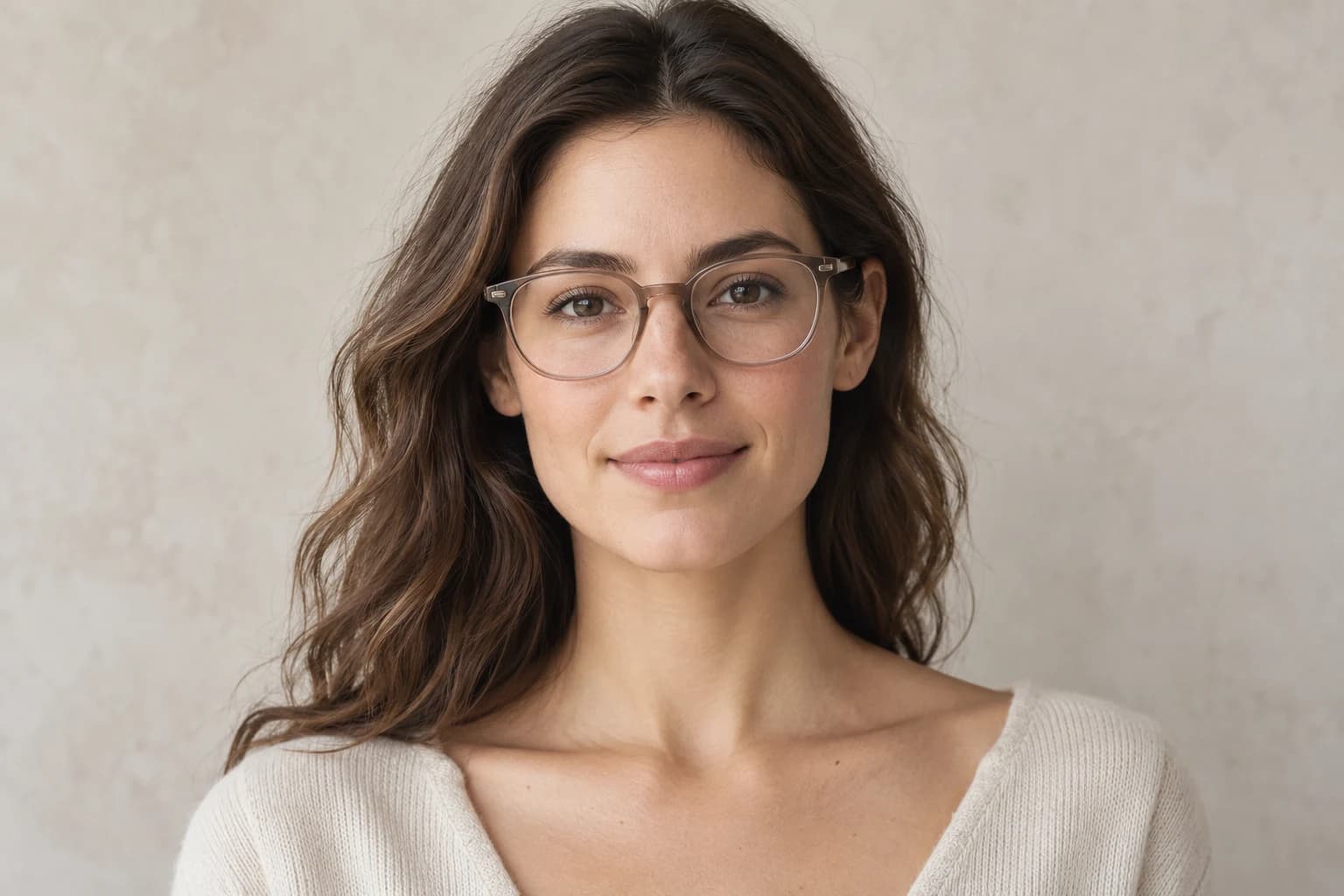 Front-facing portrait showing how a clear optical frame relates to facial proportions