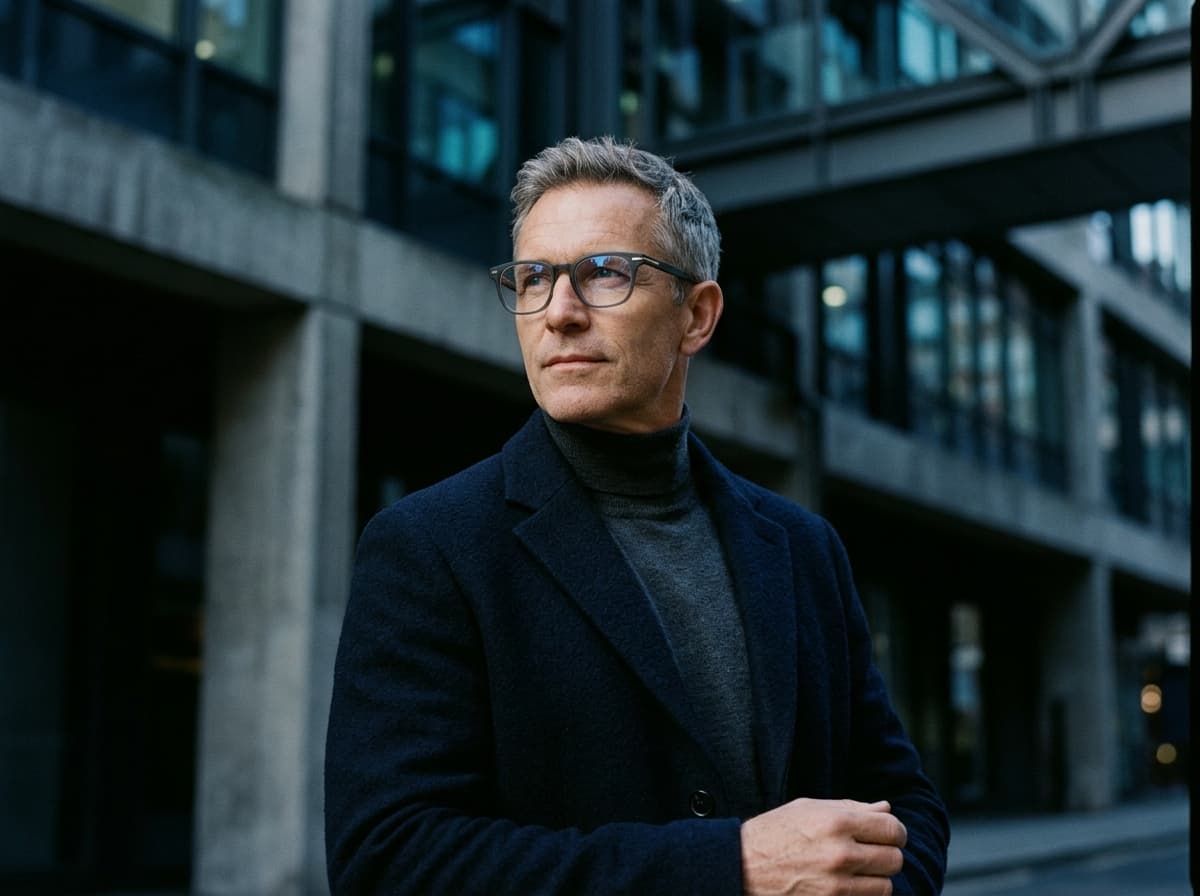 Person wearing premium eyeglasses in cool charcoal studio lighting