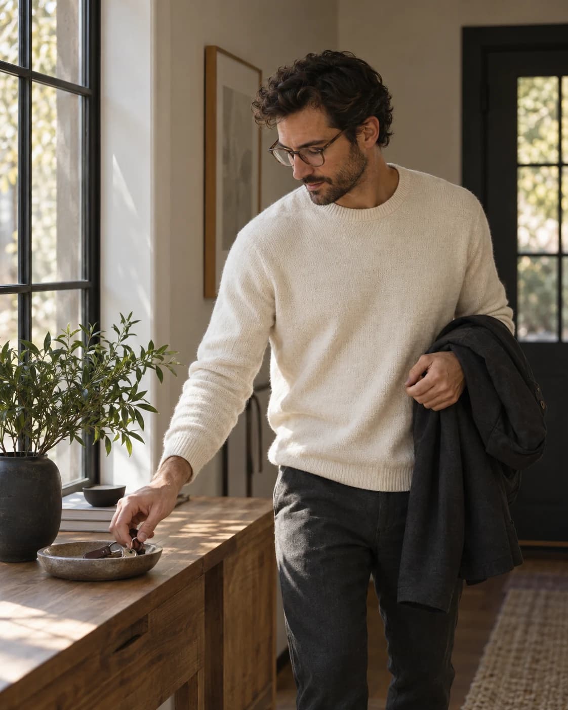 Person wearing eyeglasses while gathering a jacket and keys at the start of the day
