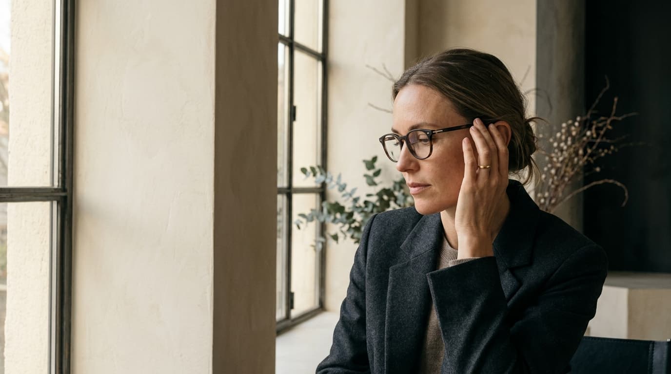Person wearing understated optical eyeglasses in a quiet architectural setting with warm natural light
