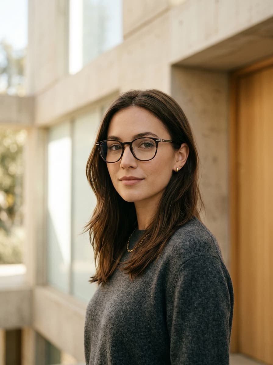 Person wearing I-Vision eyewear in an architectural setting