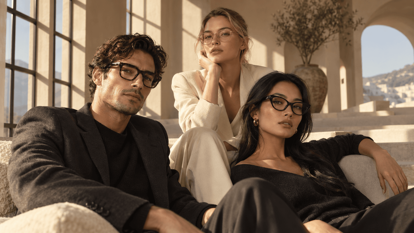 Group of people wearing I-Vision frames in an architectural setting