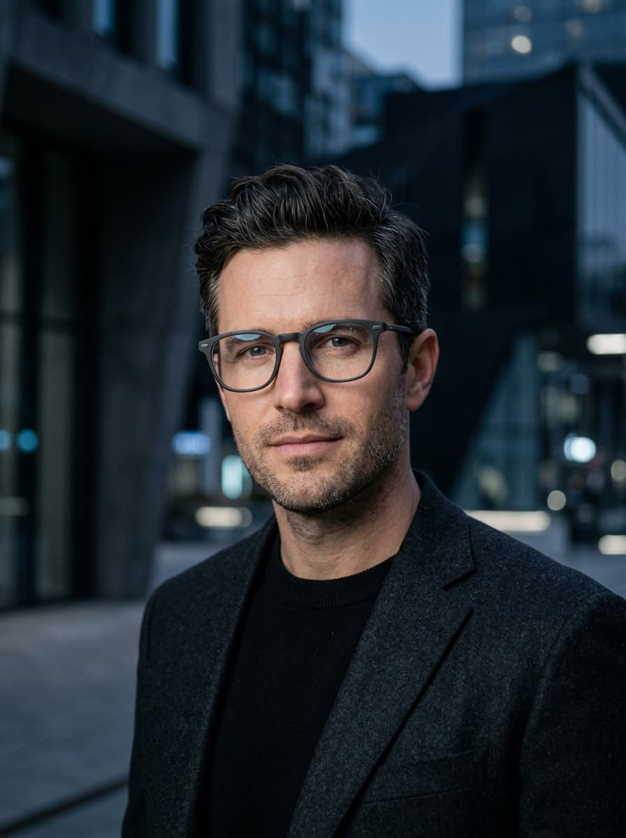 Person wearing premium eyeglasses in cool charcoal studio lighting