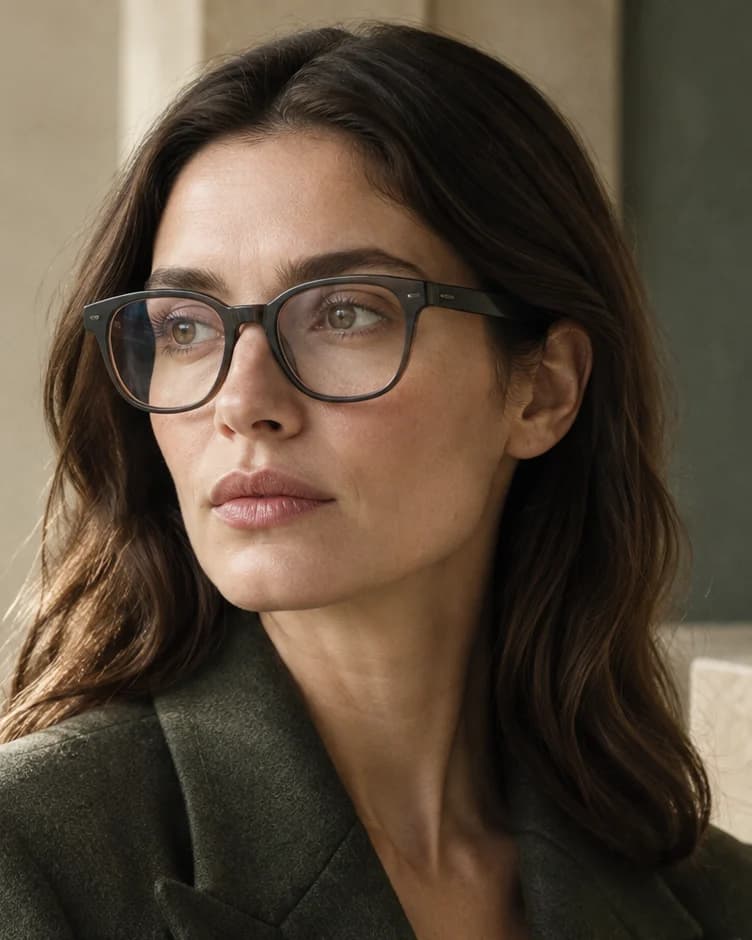 Woman wearing contemporary rectangular eyeglasses in warm architectural light